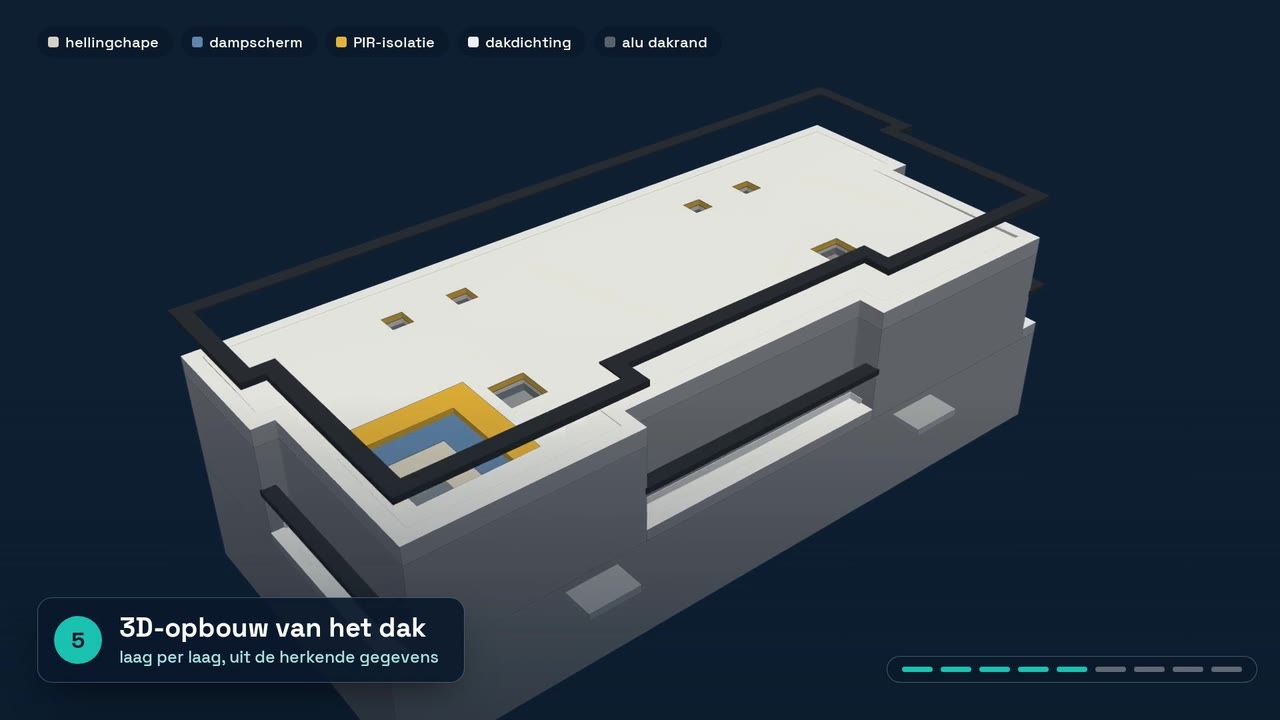 Het 3D-dak uit de dakdemo, laag per laag opgebouwd uit het plan.