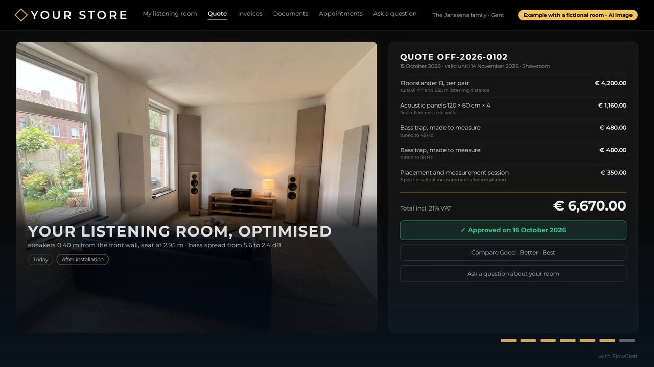 The dealer's customer portal with the quote that follows from the room plan, accepted by the customer. Fictitious data.