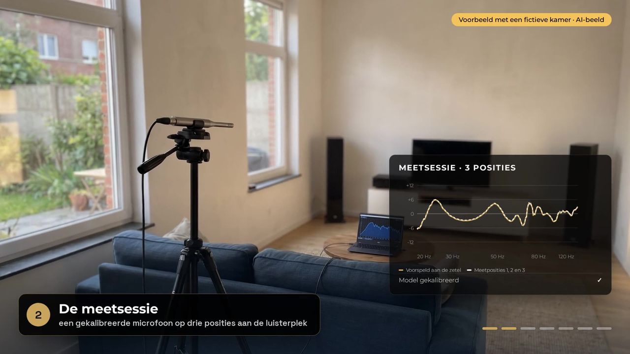 De meetsessie: een gekalibreerde microfoon aan de zetel, met de gemeten en de voorspelde bascurve. Fictieve kamer, AI-beeld.