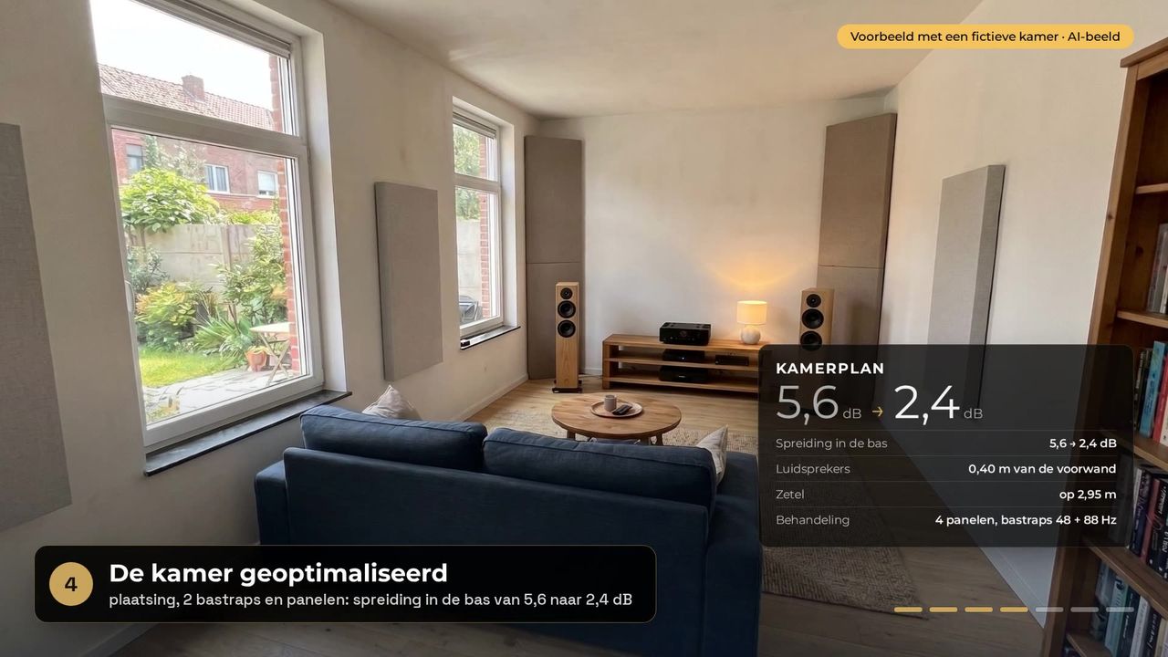 De kamer na de optimalisatie: luidsprekers verplaatst, panelen en bastraps, de spreiding in de bas van 5,6 naar 2,4 dB. Fictieve kamer, AI-beeld.