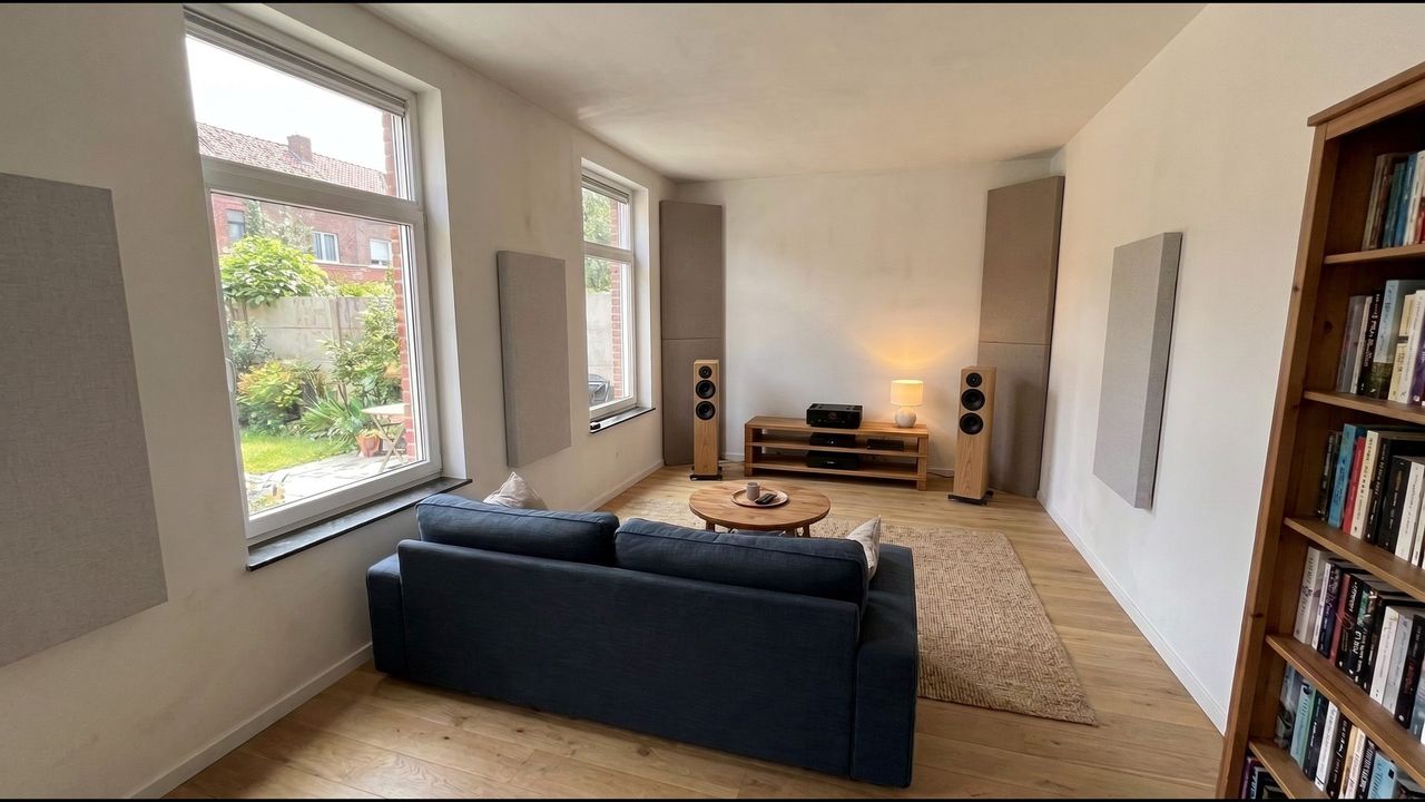 Een luisterruimte na de optimalisatie, met panelen en bastraps. Voorbeeld met een fictieve kamer, AI-beeld.