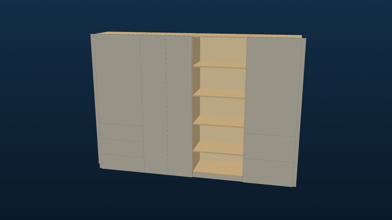 Een kastenwand voor een slaapkamer in 3D, met deuren, lades en open vakken, uitgerekend door FlowCraft.