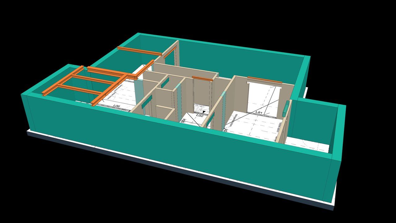 Het 3D-model van een kelder op het grondplan van de ingenieur: wanden, kolommen en stalen balken.