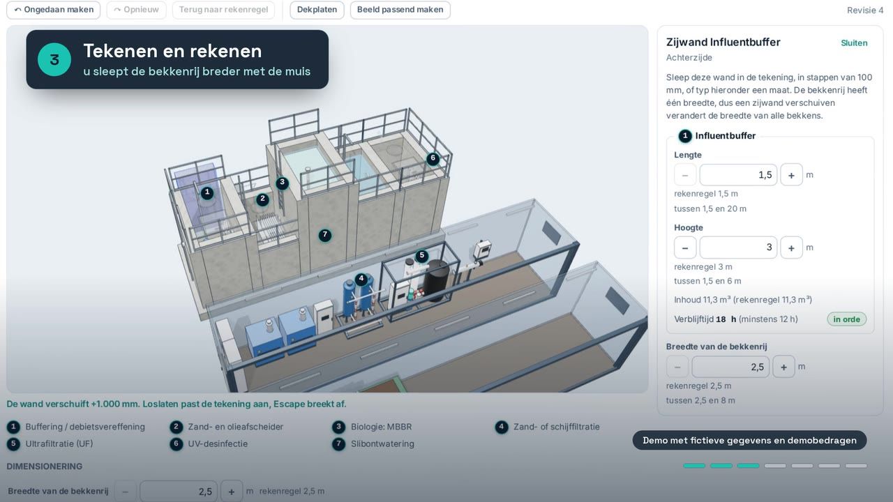 Een installatie voor waterbehandeling in 3D, met de onderdelen genummerd. Demo met fictieve gegevens.