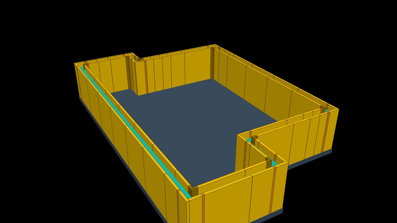 De kelder in 3D met gele PERI-panelen langs de binnen- en buitenkant van alle betonwanden, met gesloten hoeken en oranje vulstukken.