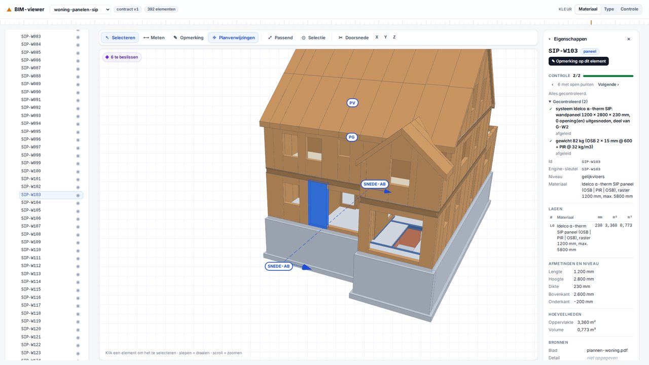De BIM-viewer met het SIP-model: een wandpaneel naast de deur in de voorgevel is aangeklikt, rechts zijn eigenschappen.