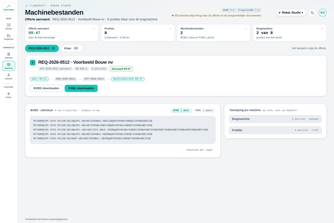 Voorbeeldscherm Machinebestanden: een BVBS-uittreksel en de toewijzing per machine.